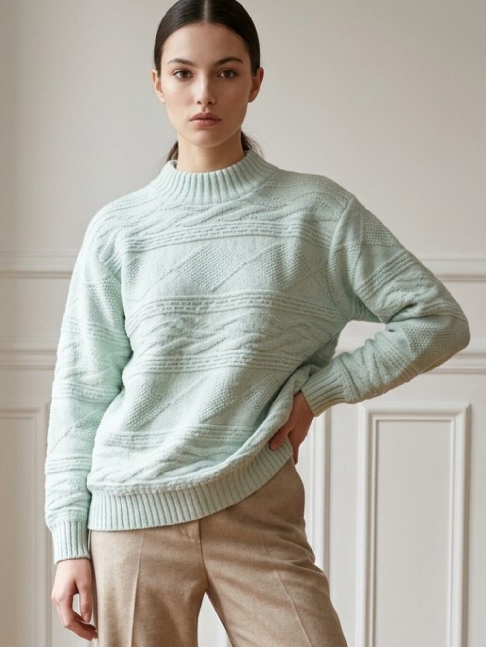 Women's Vintage 90s Spunky Light Sky Blue Crew Neck Cable Knit Sweater M Spring
